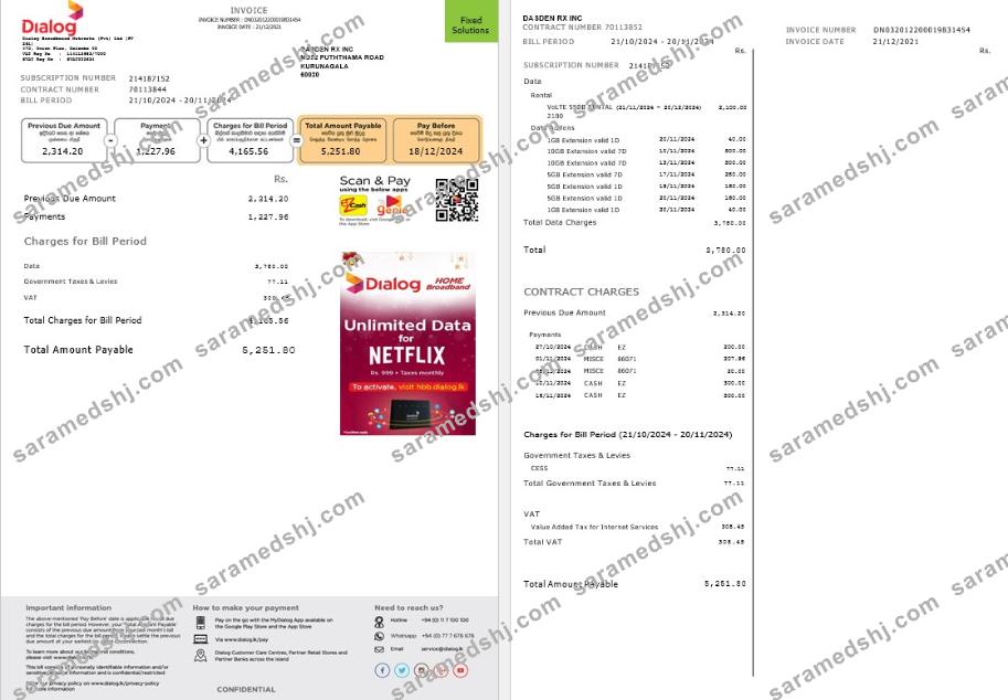 Sri Lanka Dialog business utility bill template in Word and PDF formats, 2 pages